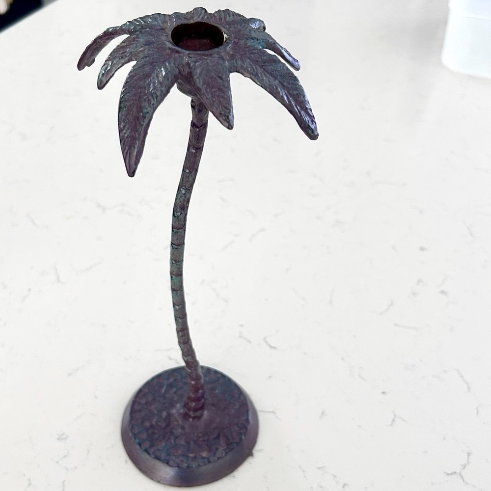 Palm Tree Metal Taper Candle Holder Tabletop Tropical Green Patina Retro Vintage